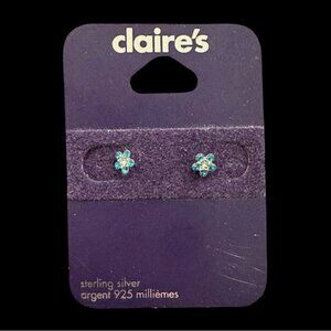 Claire's Sterling Silver Stud Earrings 925 Blue Crystal Flower NWT